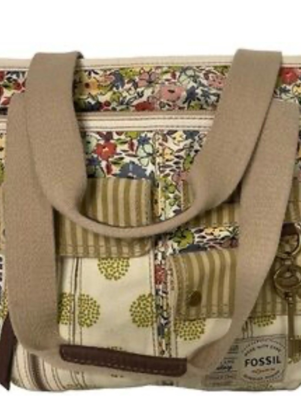 Fossil Floral & Striped Beige Tote with Green Accents